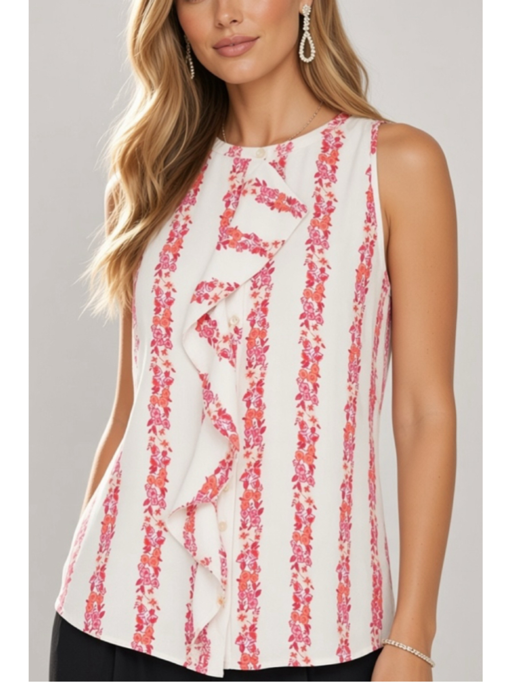 NWT ANN TAYLOR White Floral Sleeveless Ruffle Detail Blouse Size Large